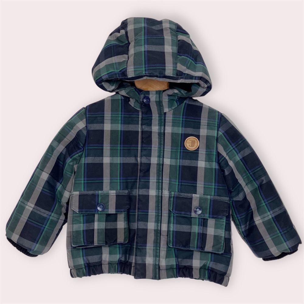 Jacadi Paris Hooded Puffer Jacket Navy & Green Plaid Winter Outerwear 18 Months